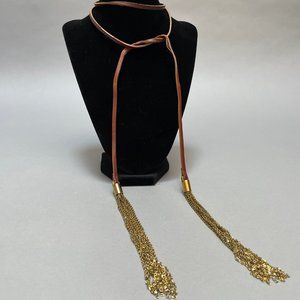 Michael Kors Brown Leather Double Gold Tassel Tie Necklace